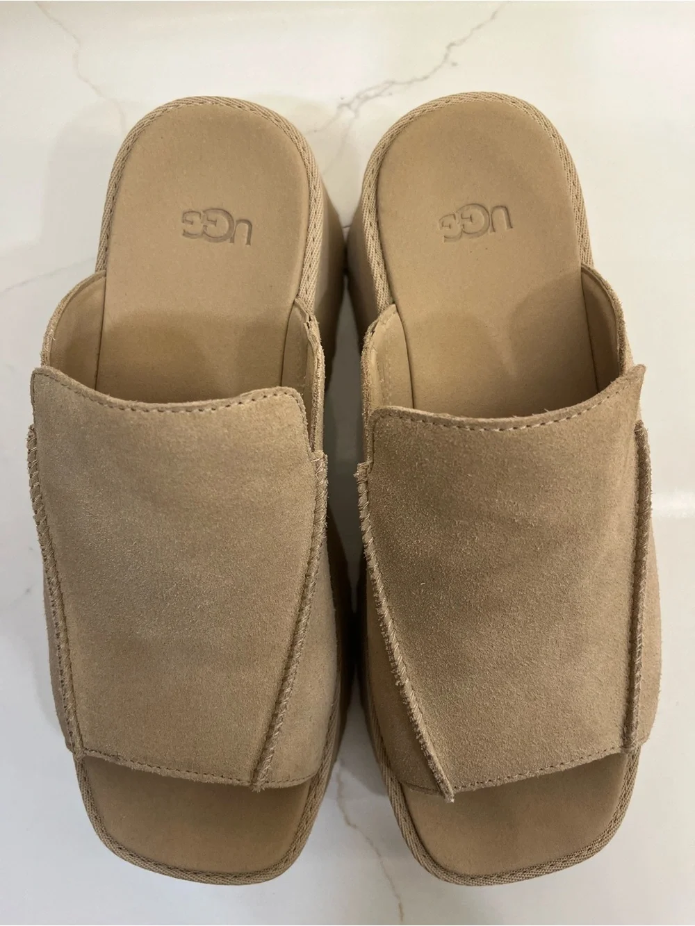 UGG Suede Platform Slide Sandals Camel Tan Square Toe Wedge Slides Sz 9